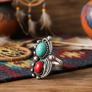 Turquoise and Red cabochon Ring Native American